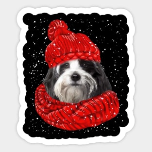 Tibetan Terrier Wearing Red Hat And Scarf Christmas Sticker